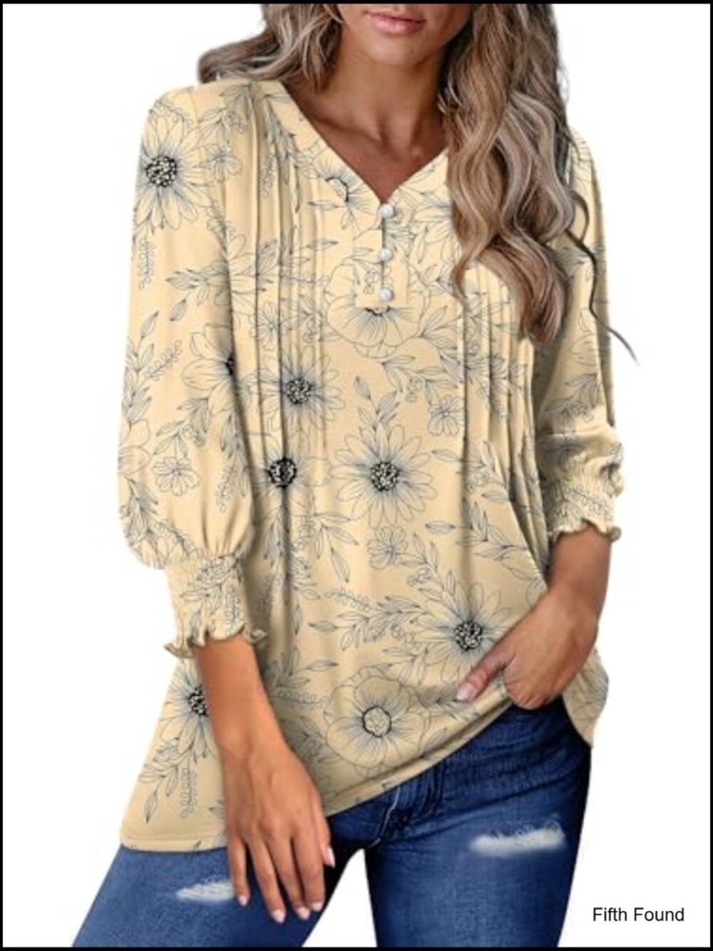 V-Neck Button Down Blouse with 3/4 Sleeve Puff Sleeves Tunic Tops for Work - Picture 4 of 6